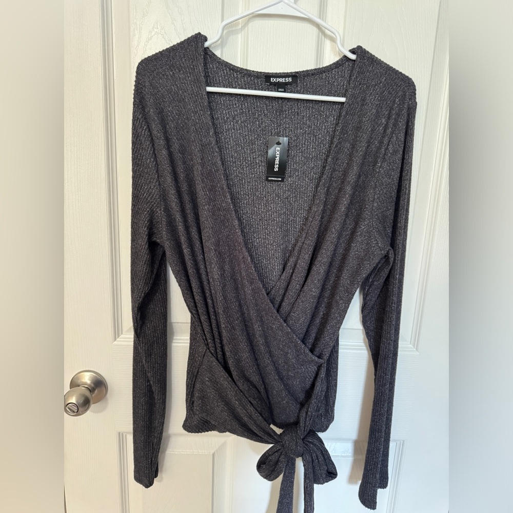 Express Ribbed Faux Wrap Tie Waist Long Sleeve Top- Sz XL